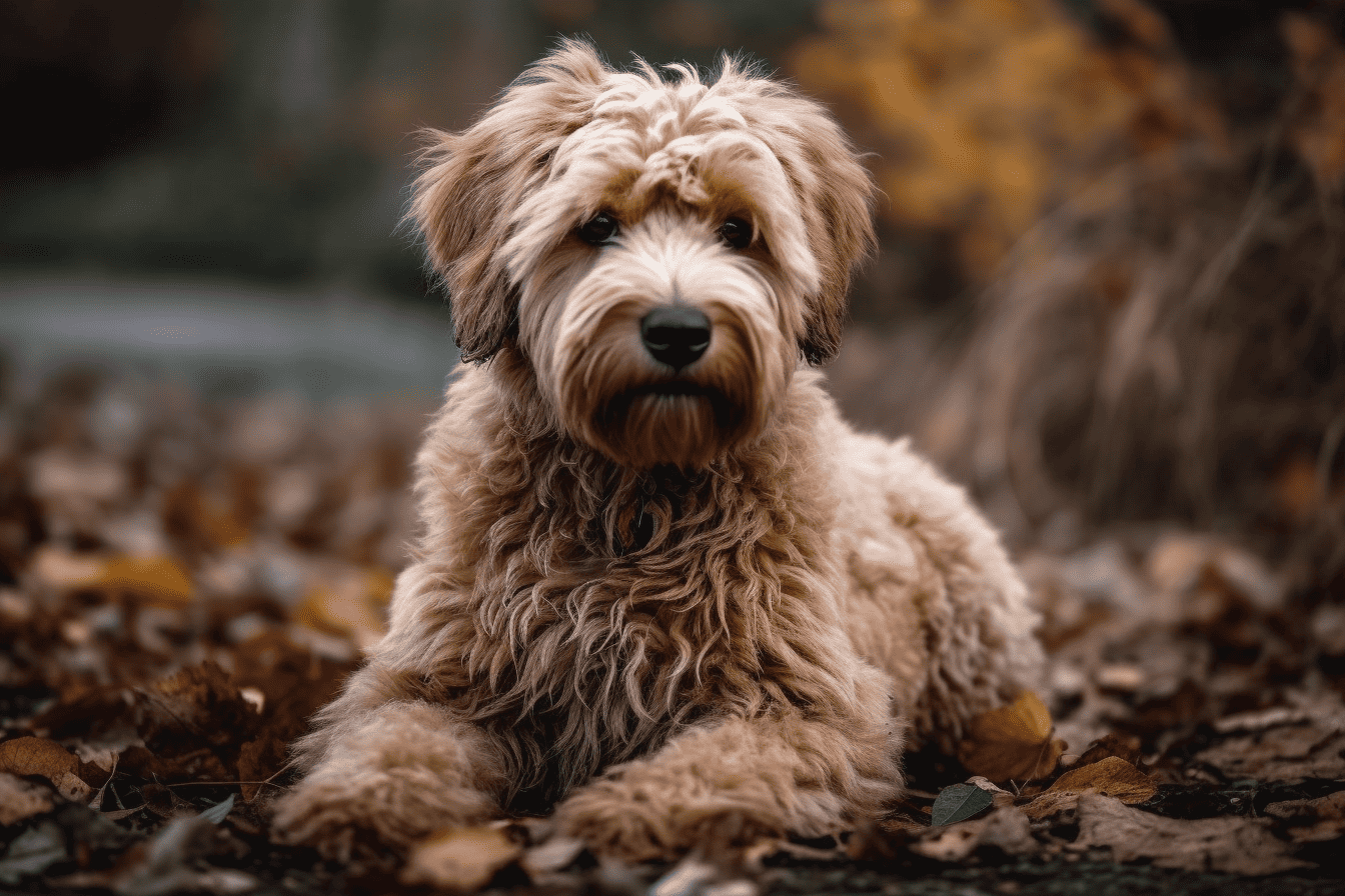Adorable fluffy dog relaxing on fall leaves in the woods.