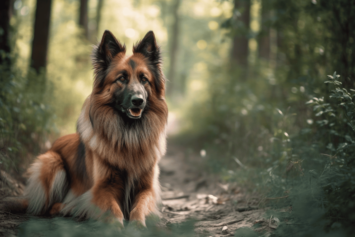 Dog sitting on forest trail surrounded by greenery, enjoying nature.