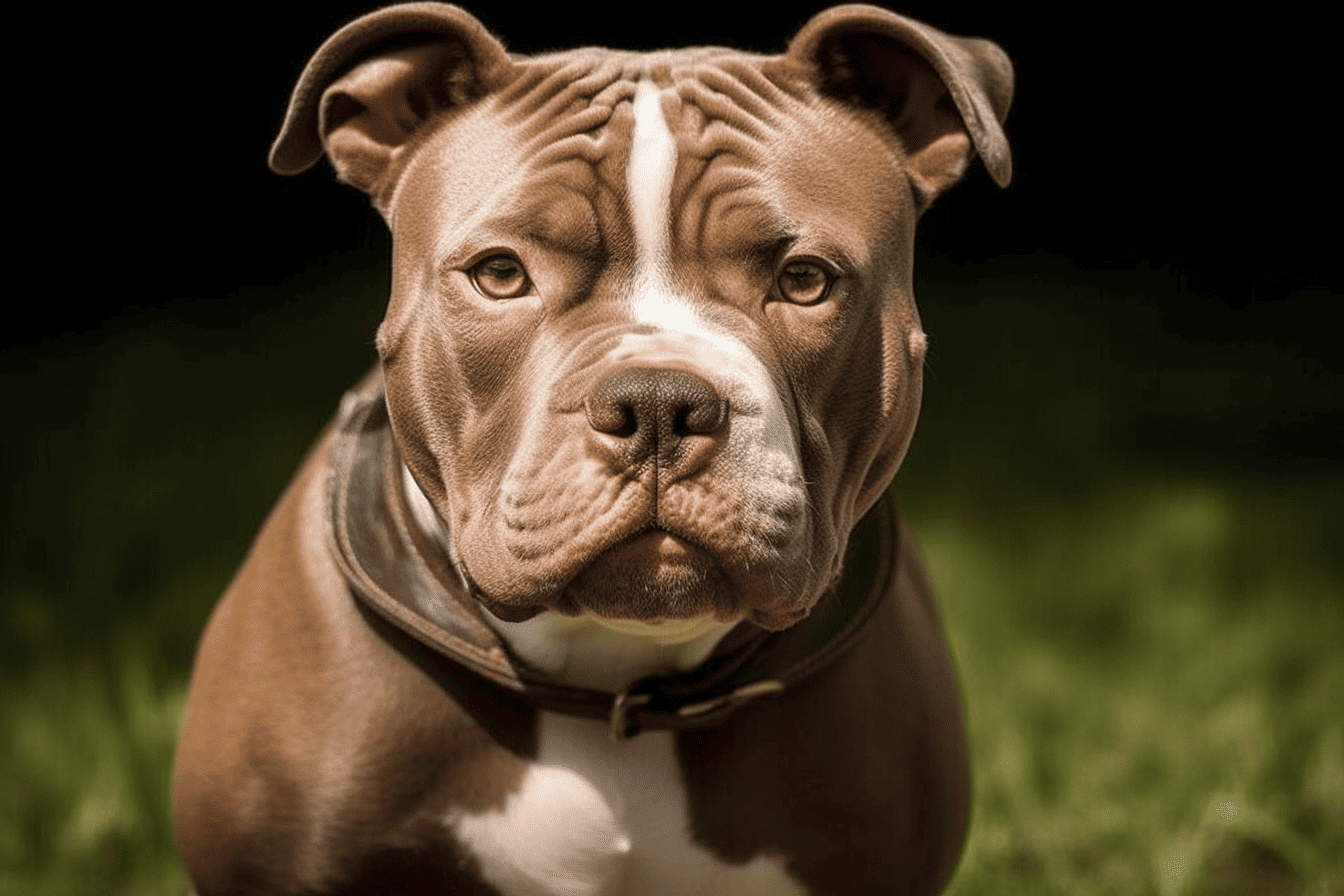 Adorable brindle pit bull dog with serious expression, looking directly at the camera, on a grassy field.