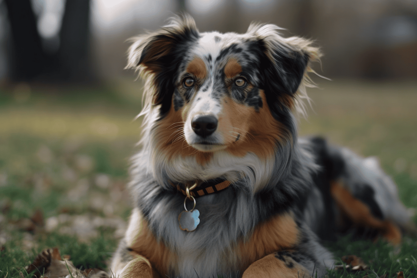 Adorable Australian Shepherd lying on grass during daytime.