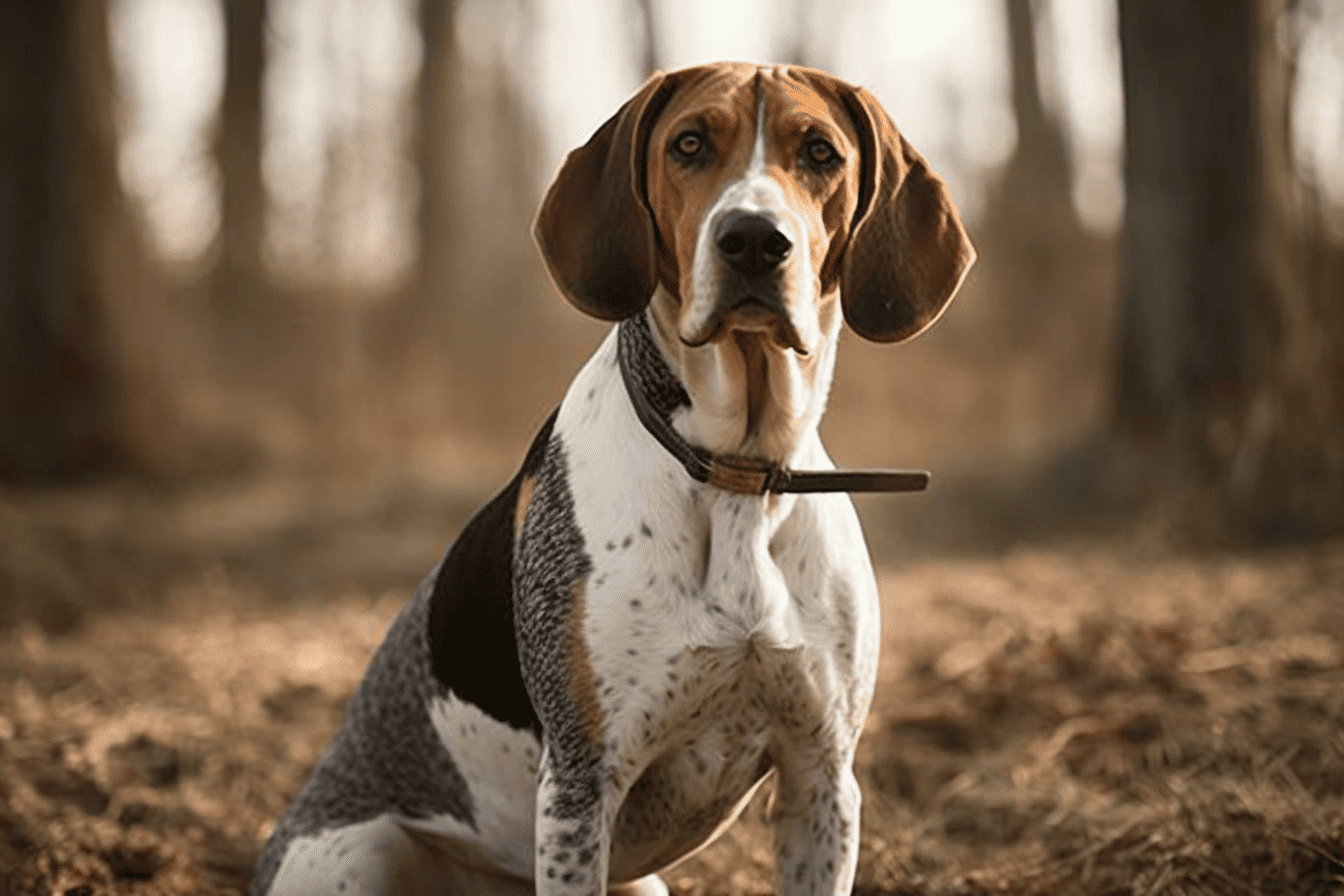 Dog-focused, adorable hound in natural woodland environment.