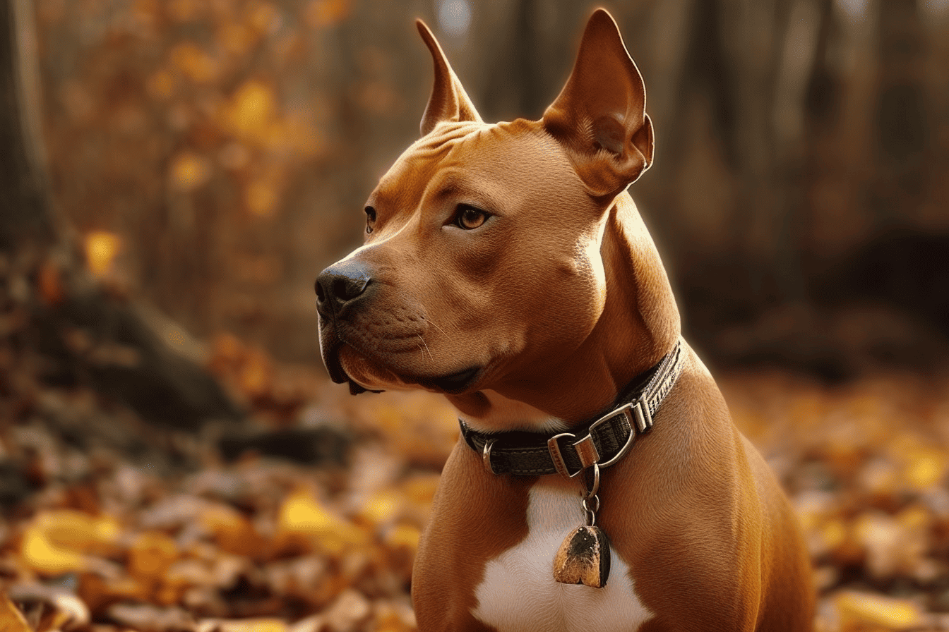 Dog sitting outdoors in autumn forest.