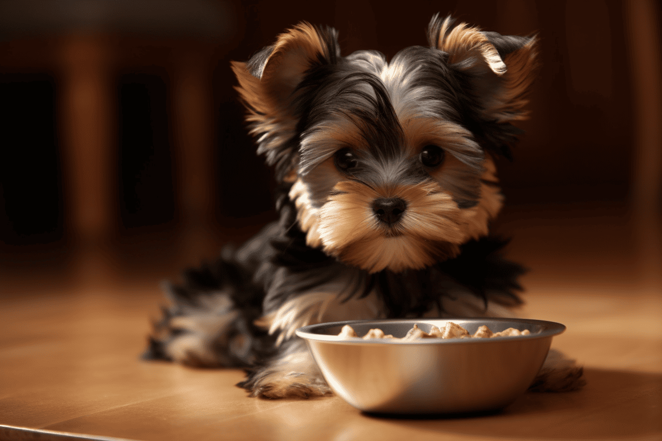 Playful Yorkie puppy sitting next to a bowl of dog food, highlighting pet feeding, nutrition, and adorable small dog breeds.