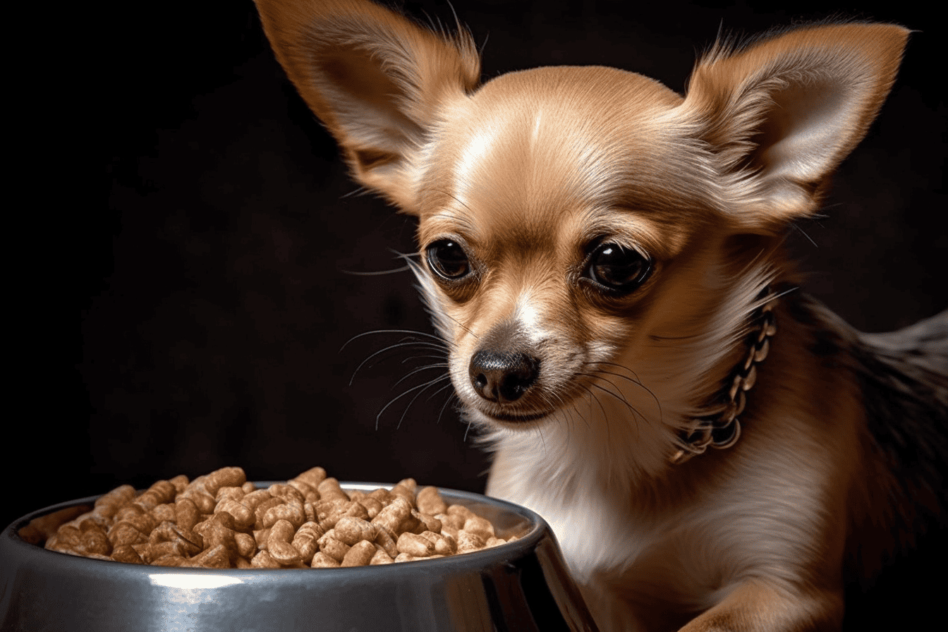 Dogfood bowl with dog food.