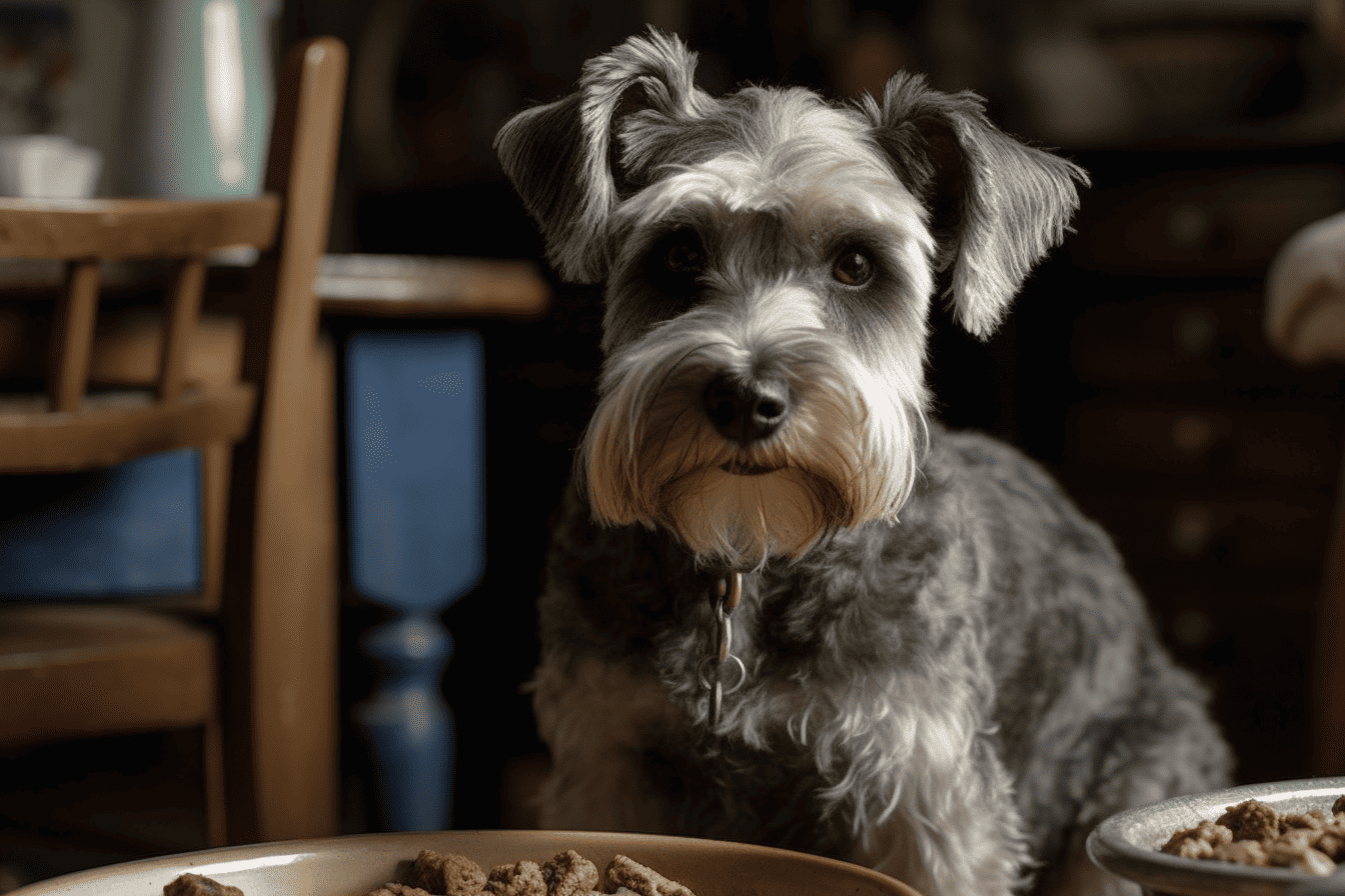 A cute Schnauzer dog sitting at a dining table, highlighting pet care and home environment.