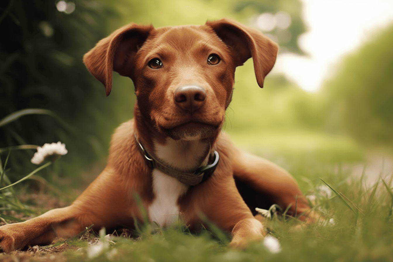 Adorable brown puppy lying on green grass outdoors, ready for playtime and adventures.