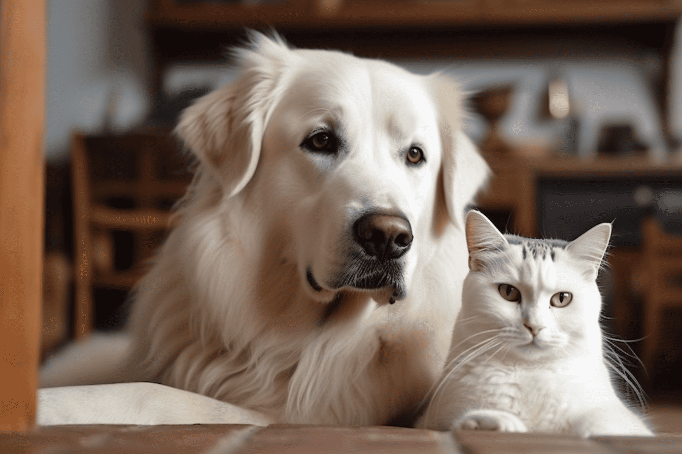 A gentle dog and a relaxed cat lying together indoors, showcasing pet friendship and companionship.