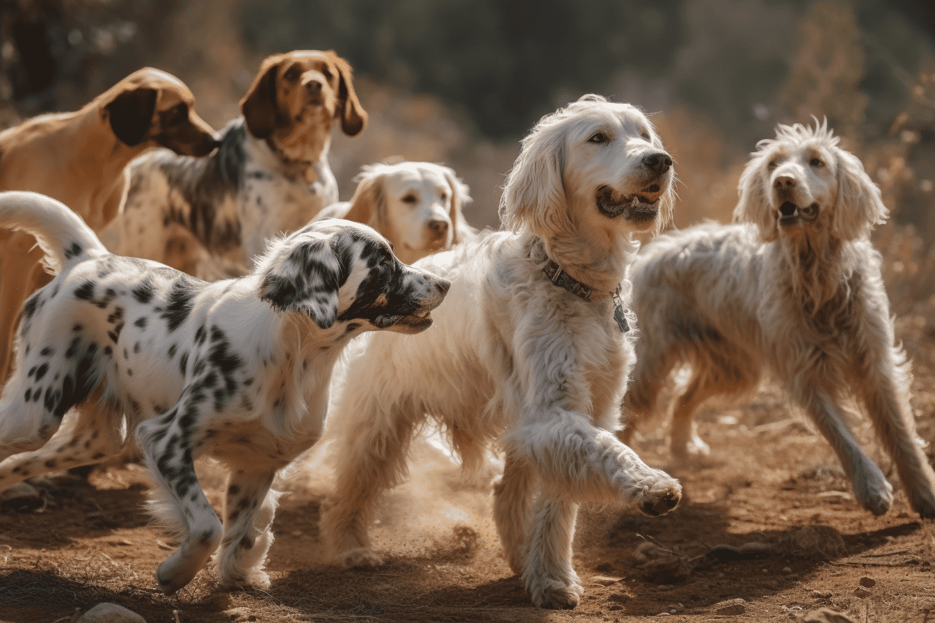 Group of playful dogs running and playing in a sunny outdoor natural setting.