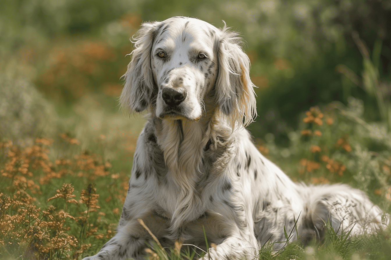 English Setter dog lying in a green grassy field with orange flowers.