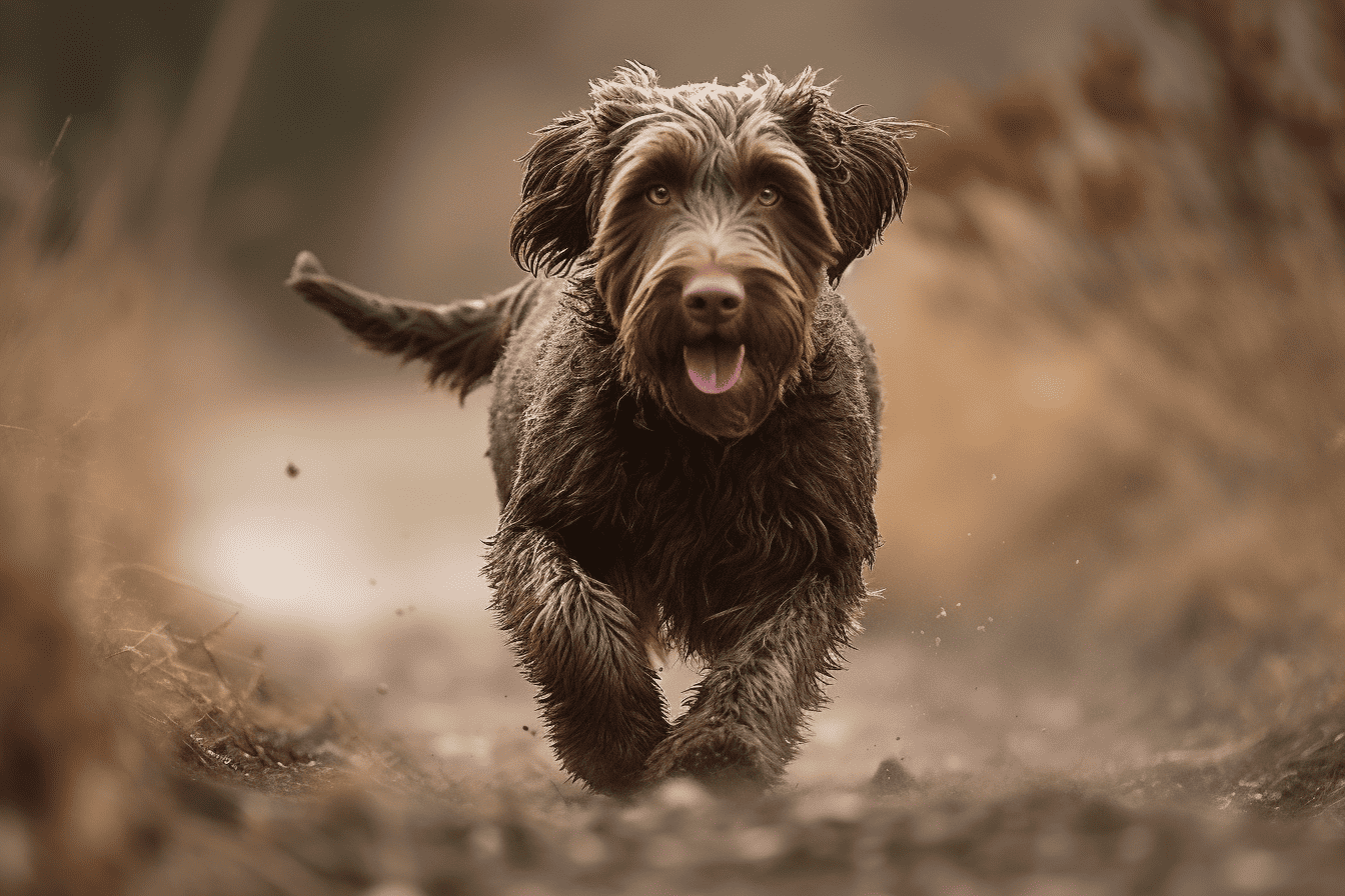 Dog running on trail, happy labradors in nature, energetic dog, outdoor pet activity, furry dog, countryside walk.