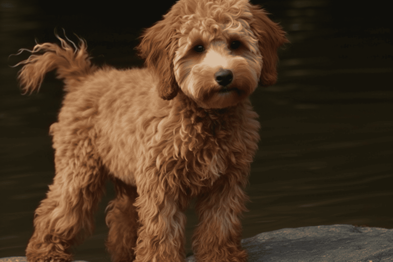 Adorable Goldendoodle puppy standing on a rock near water, showcasing fluffy fur and curious eyes.