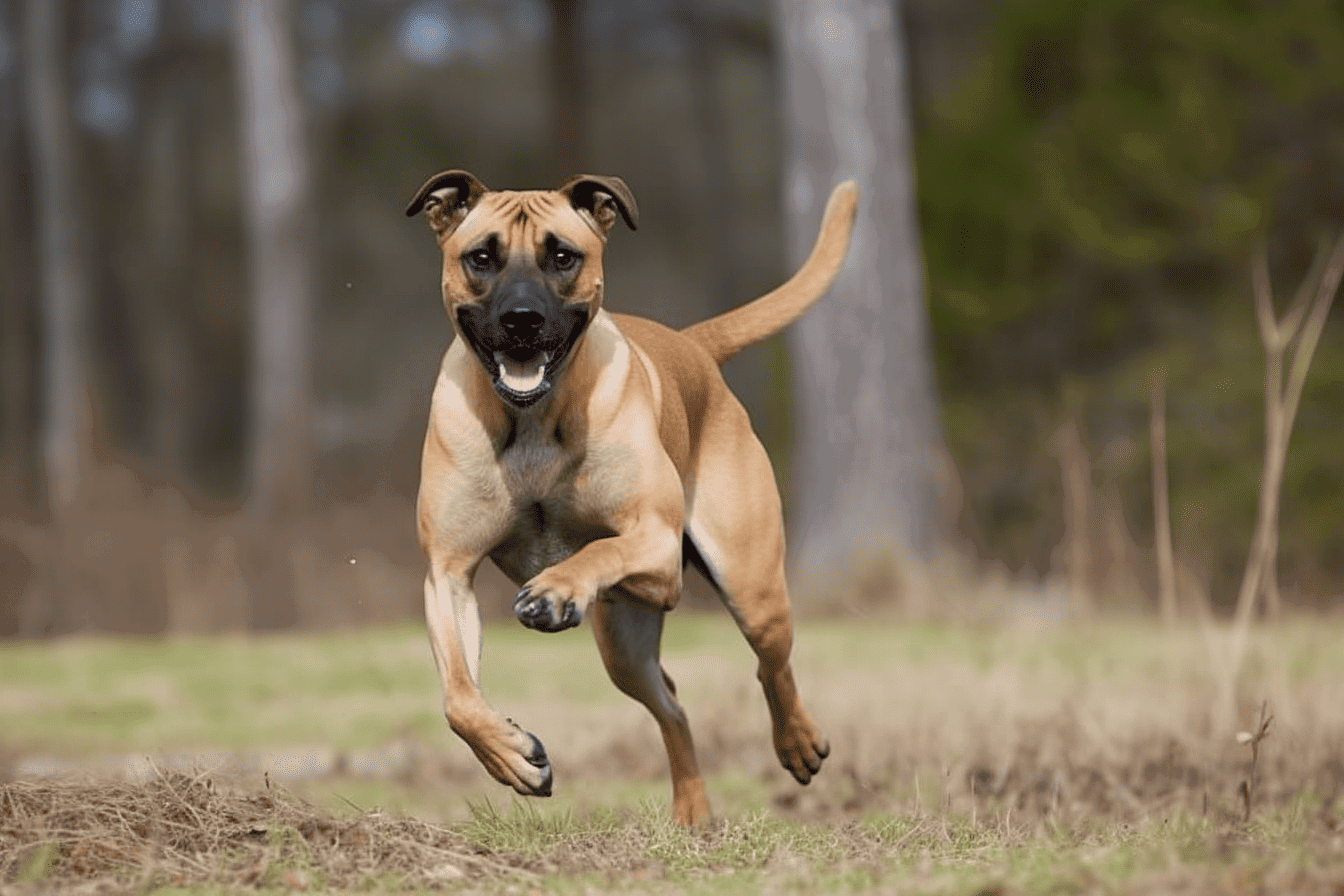 Vibrant dog running through a park on a trail.