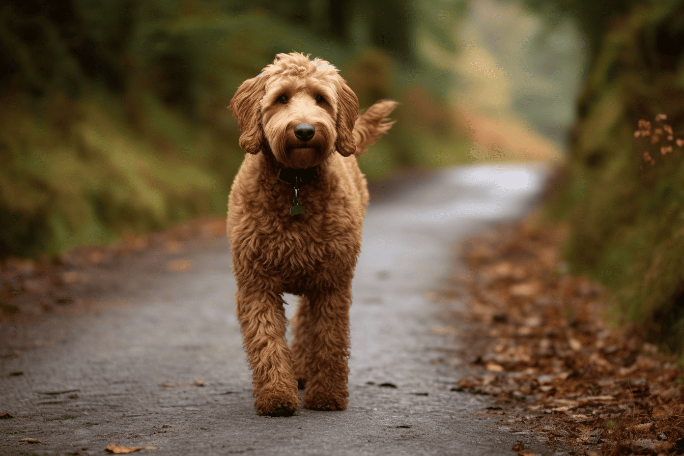 Dog walking on a nature trail, showcasing a friendly Labradoodle breed for pet owners.