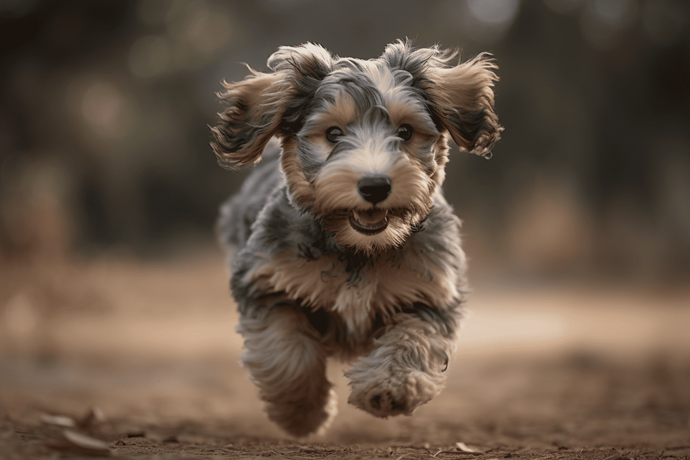 Adorable puppy running joyfully on dirt trail, showcasing energetic pet activity.