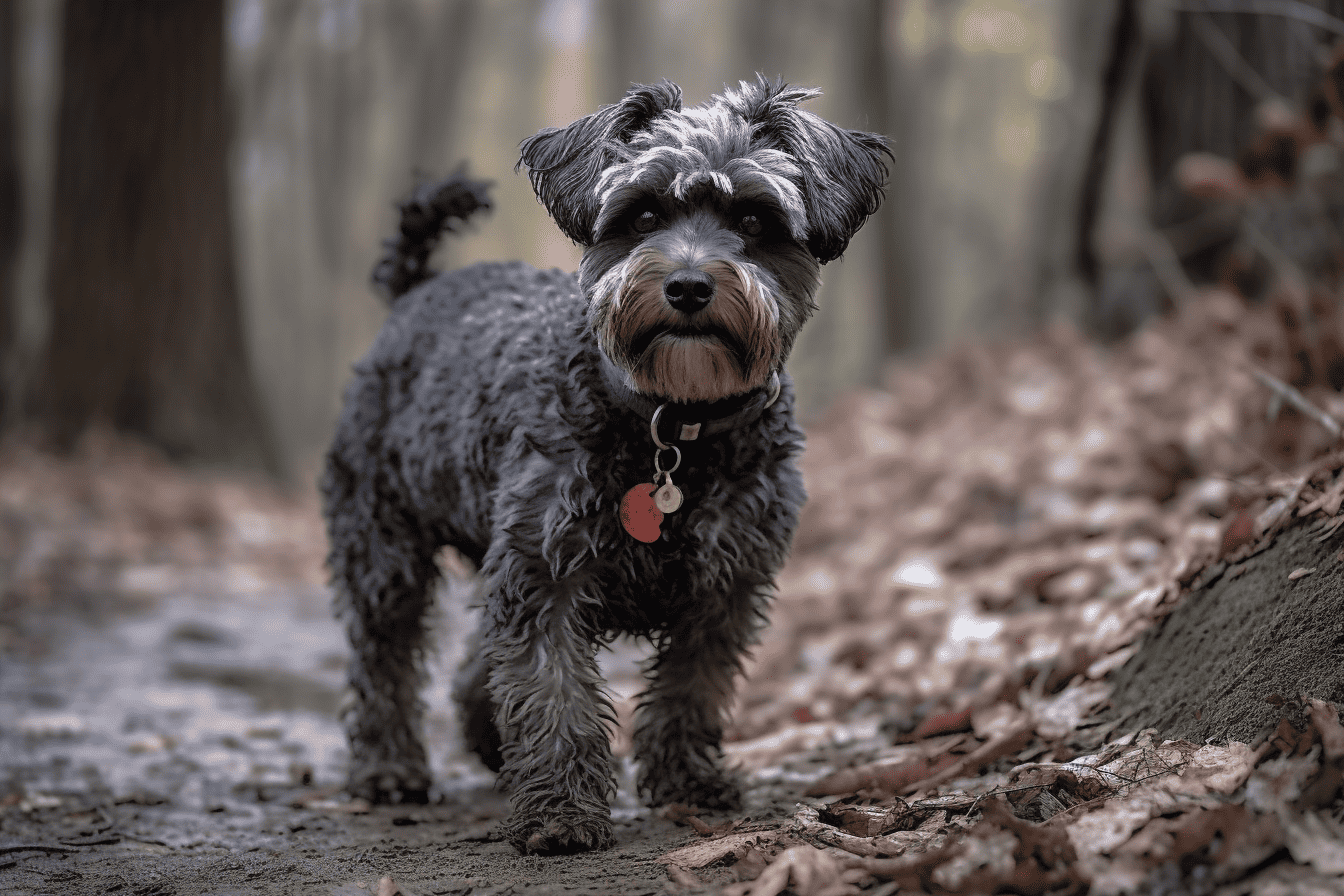 Dog on trail in forest, looking curious and alert.