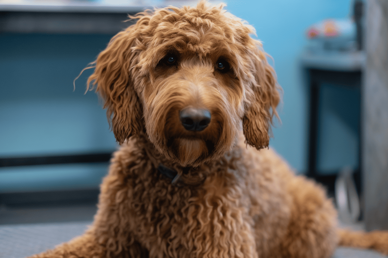 Cute curly goldendoodle dog, fluffy fur, looking at camera.