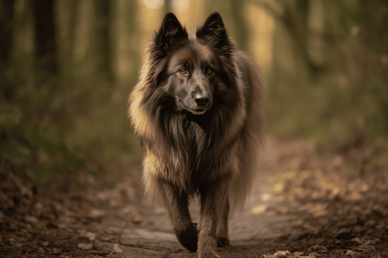 Loyal Belgian Sheepdog walking outdoors on woodland trail.