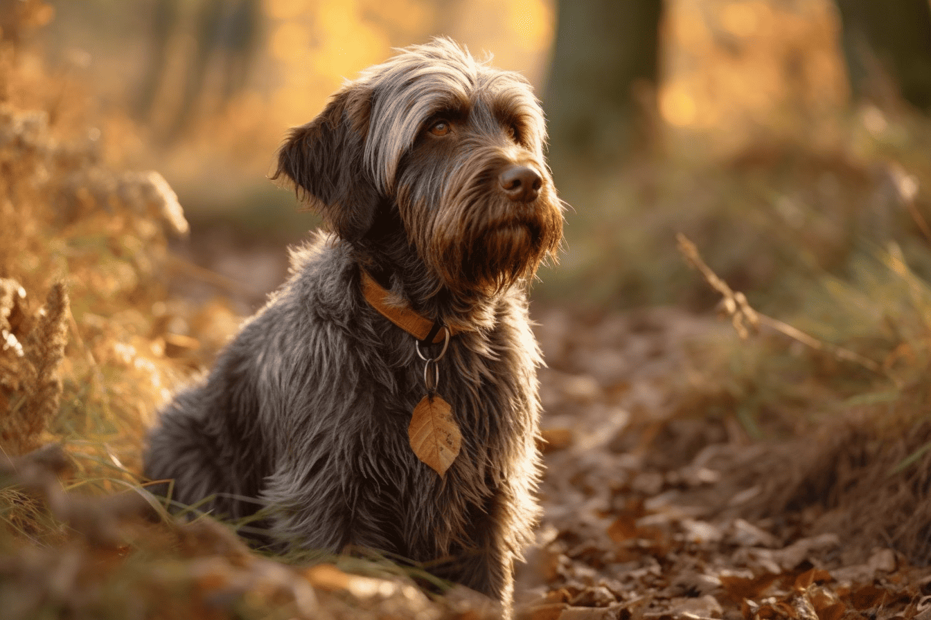 Adoptable dog in autumn setting, perfect for a caring family.