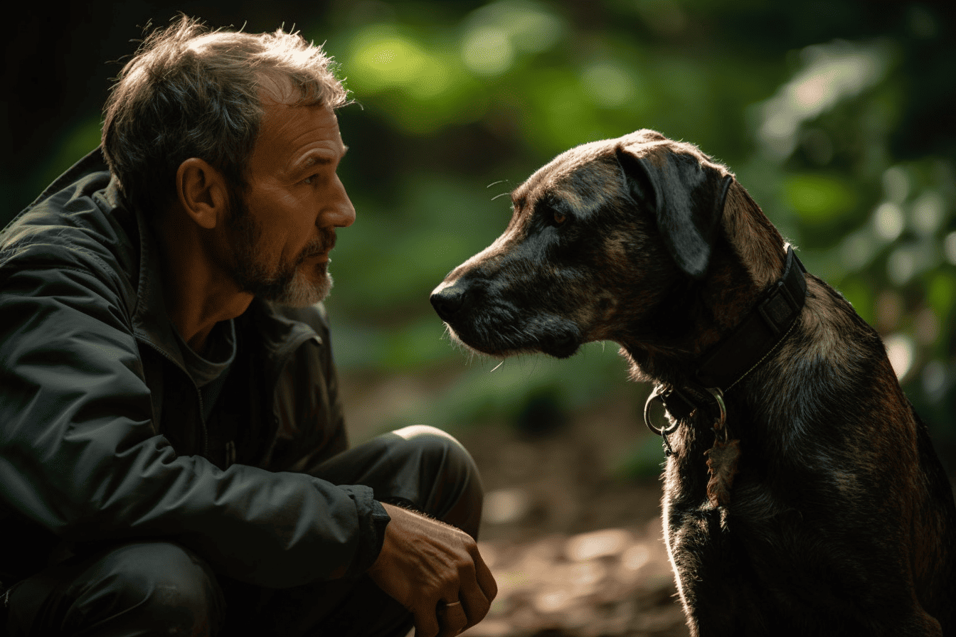 Enthusiastic dog and owner engaging in outdoor training.