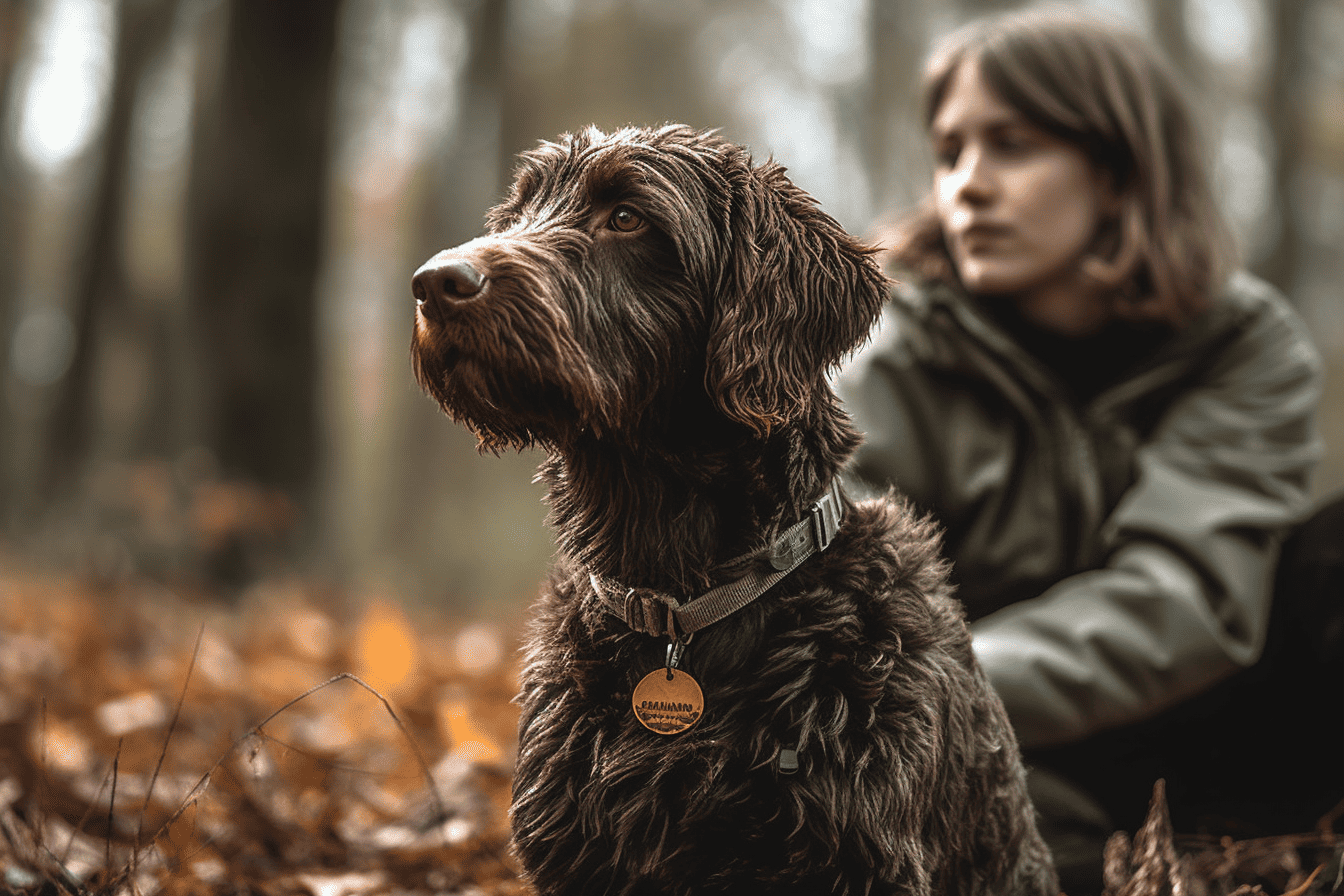 Dog walking in fall forest scenery with owner.