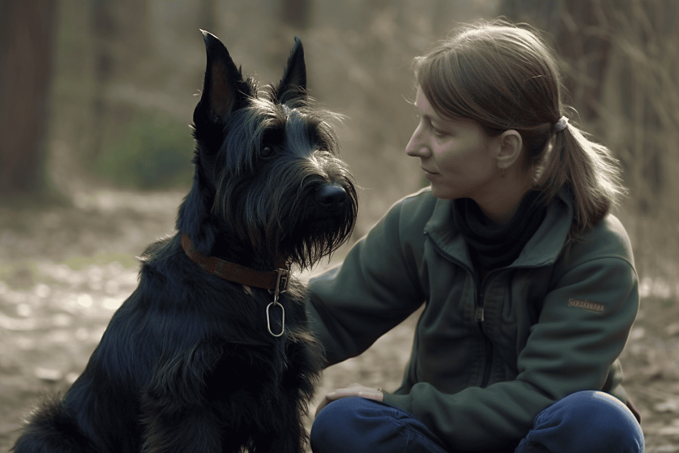 Adoring woman and large black dog sitting together in a forested area, showcasing bond and care for dogs.