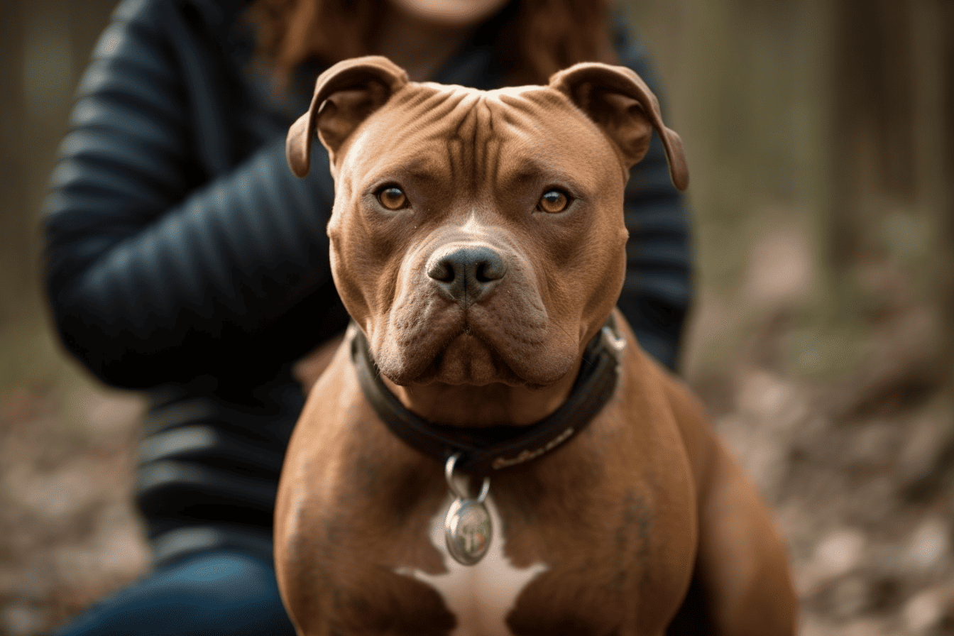 Friendly American Staffordshire Terrier dog outdoors.