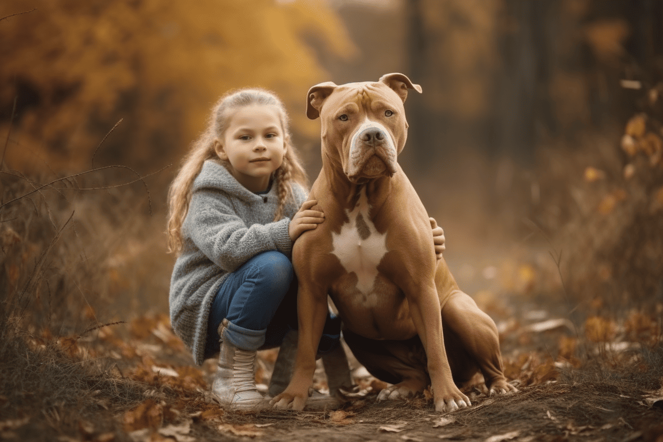 A young girl with her large, muscular dog sitting on autumn forest ground with orange leaves.