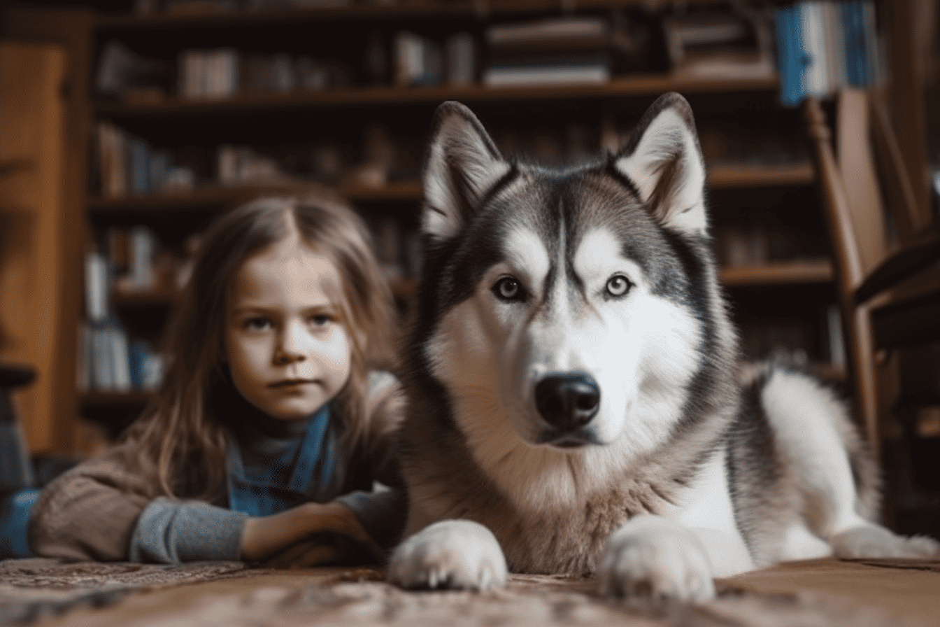 Husky dog lying next to a young girl on the floor of a cozy home.