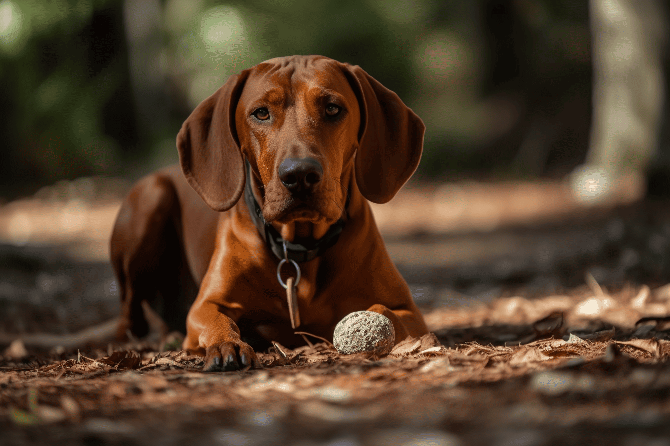 Brown dachshund lying on forest ground with ball, looking at camera.