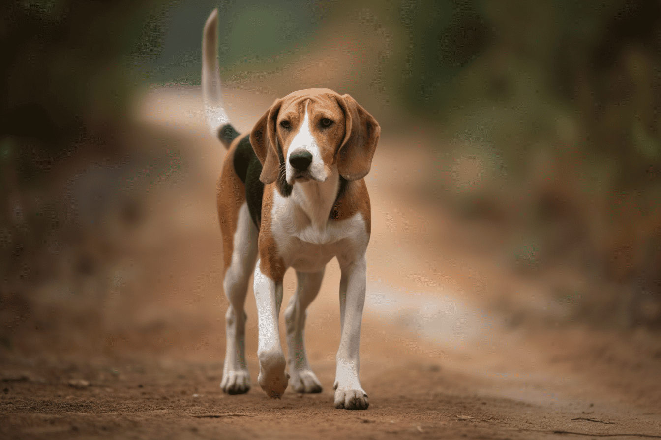 Adorable beagle dog walking outdoors on a dirt trail in natural light.