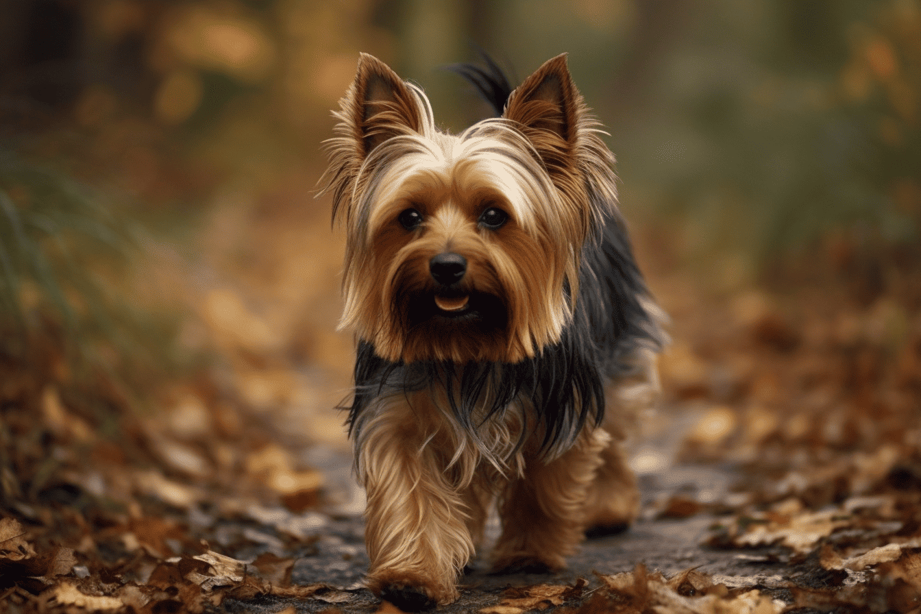 Dog on nature trail during fall season, exploring outdoor environment.