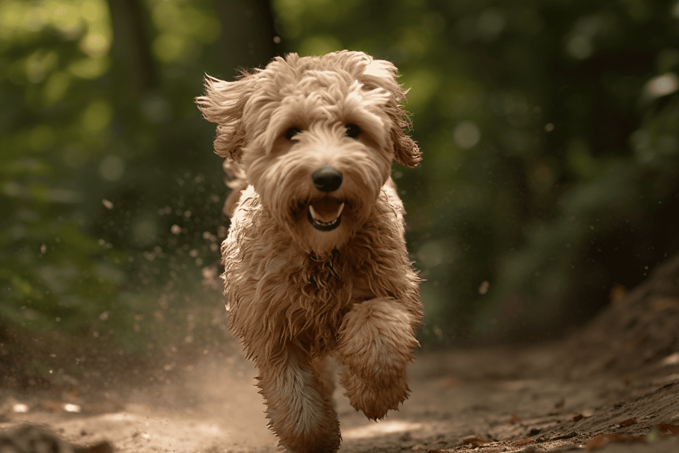 Adorable dog joyfully running through a forest trail, enjoying the outdoors and fresh air.