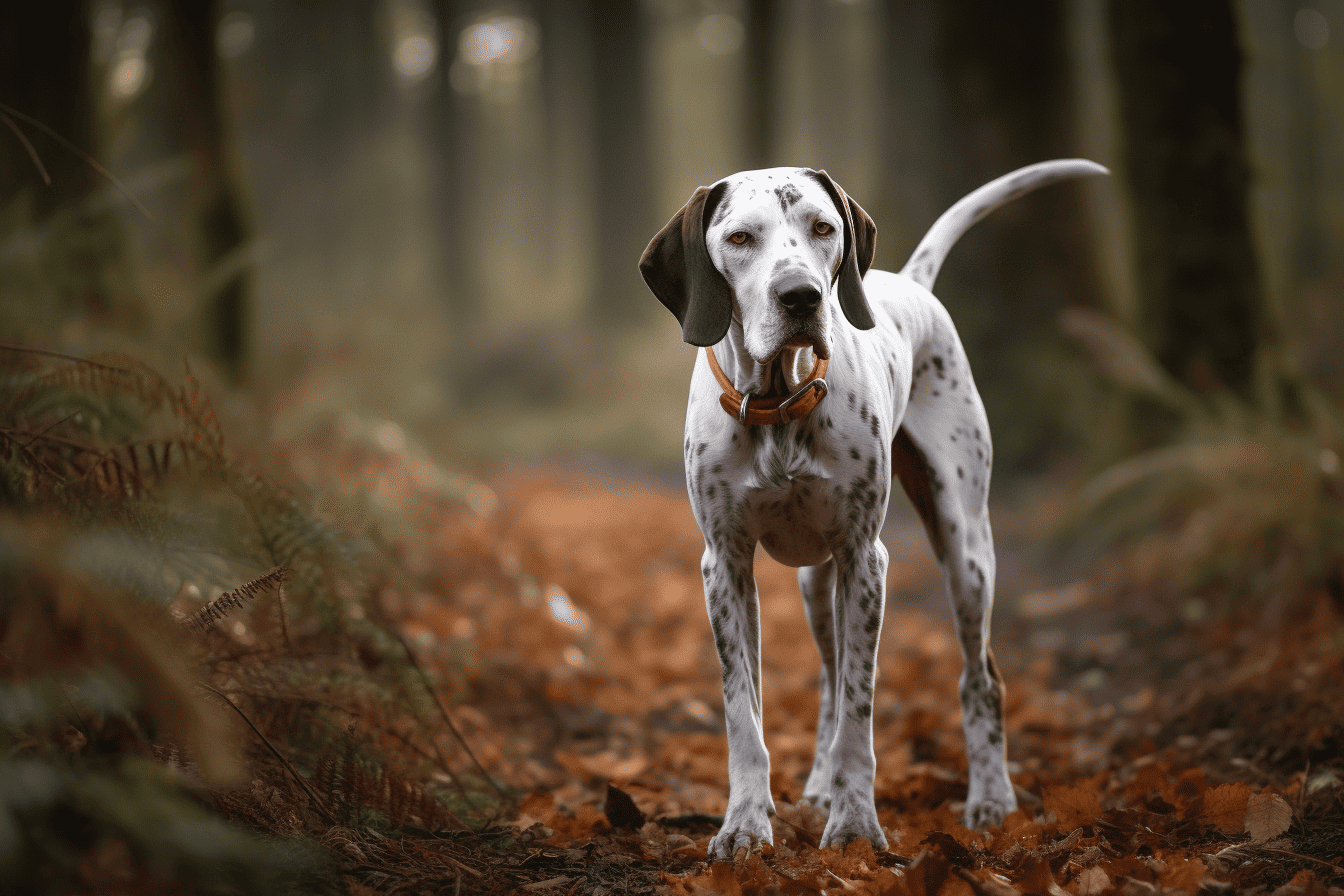 Adorable Dalmatian puppy exploring outdoor woodland area, perfect for dog lovers.