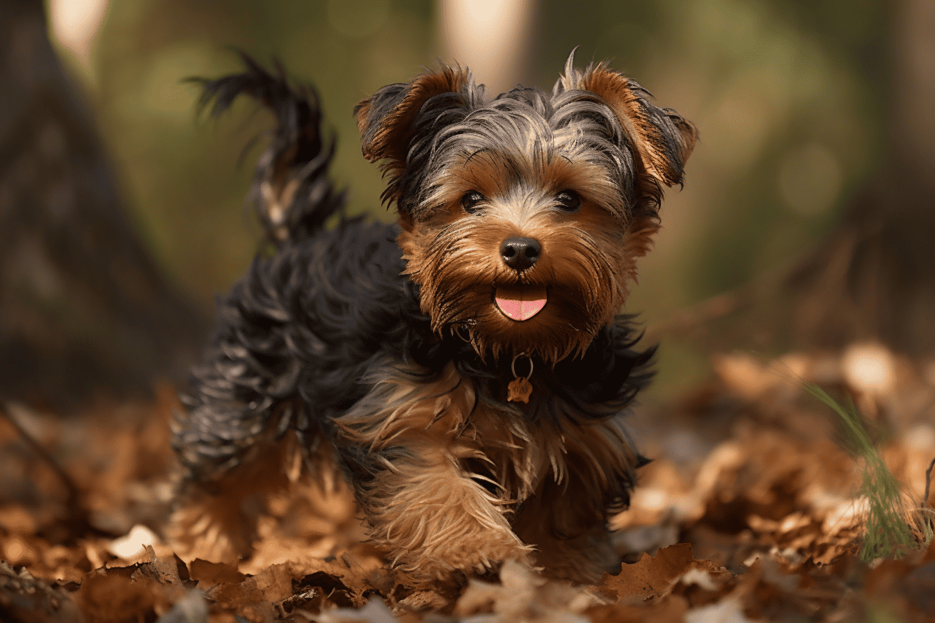 Adorable Yorkie puppy playing in fallen leaves, showcasing energetic and cute dog behavior.