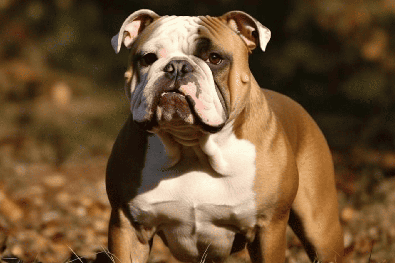 Adorable and muscular bulldog with iconic facial wrinkles.