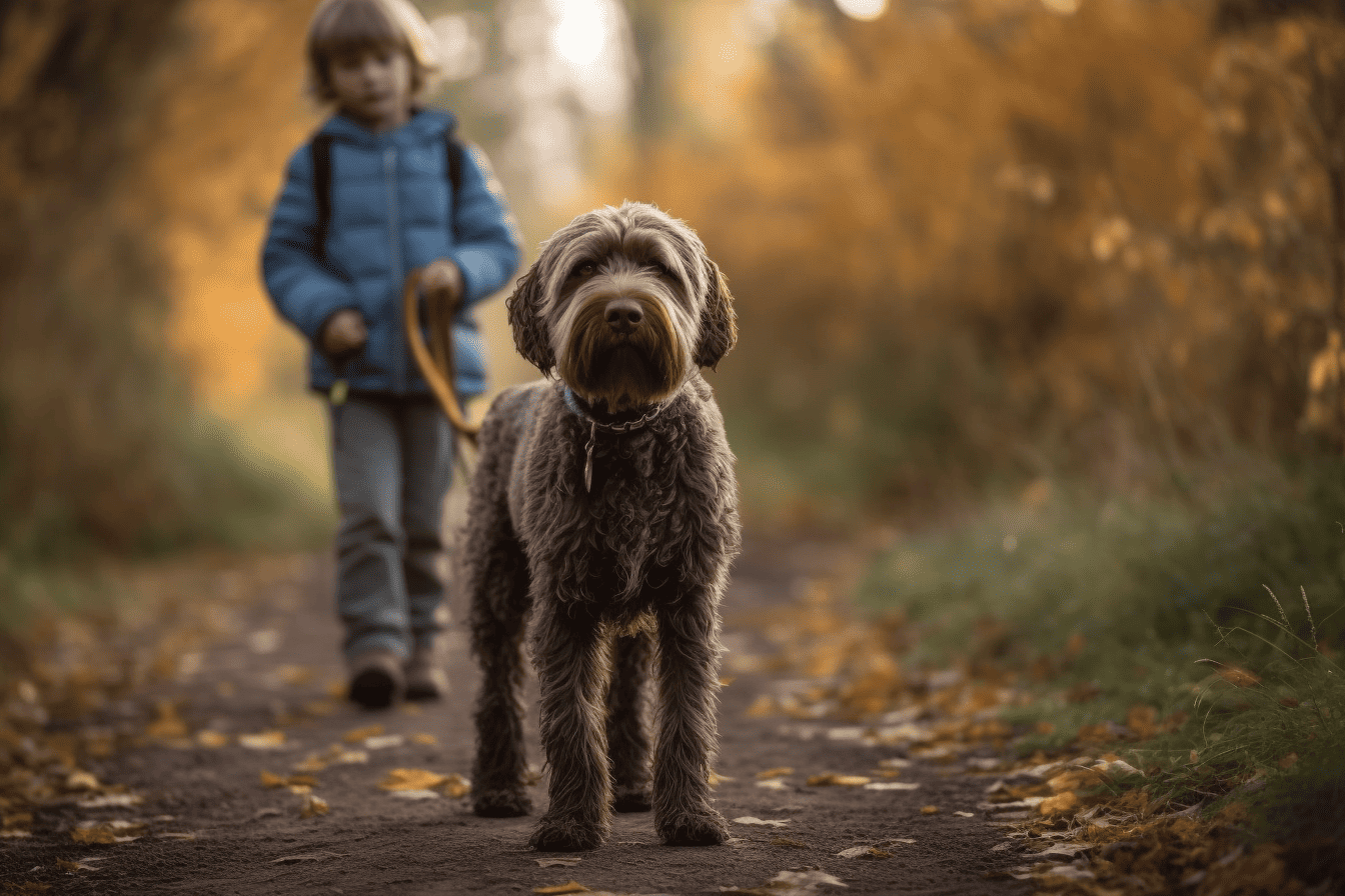 Dog walking on trail with child in autumn woodlands, outdoor pet walking, fall adventure with dog.