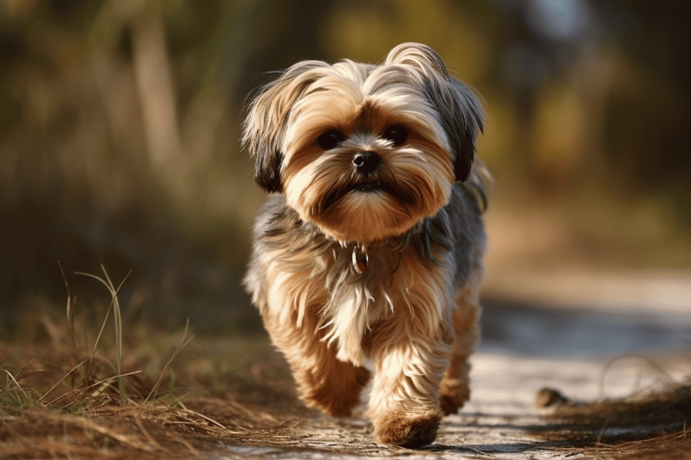 Cute Yorkshire Terrier Walking Outdoors.