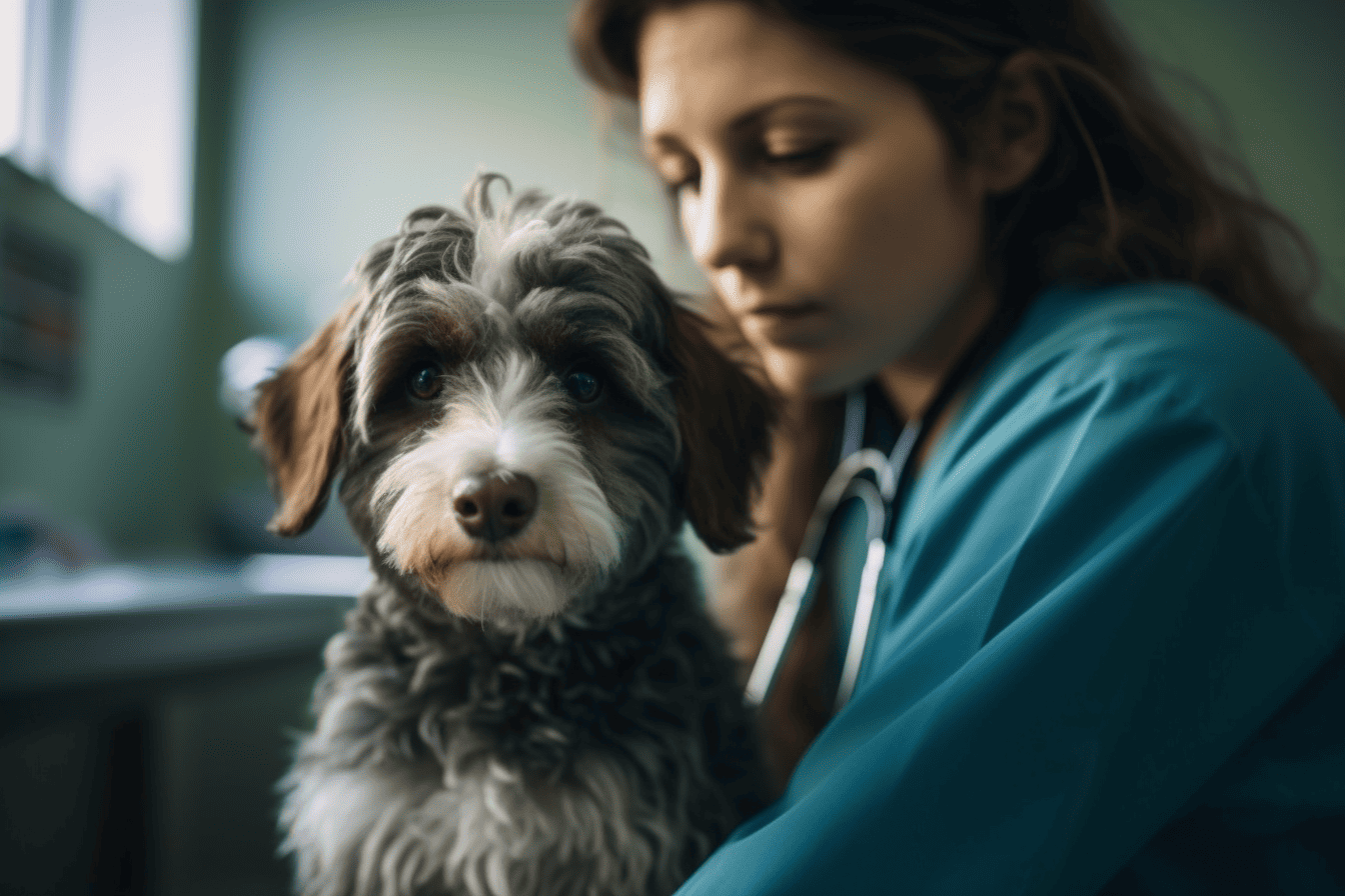 Compassionate veterinarian attending to a cute dog at the clinic, emphasizing animal health and pet care services.