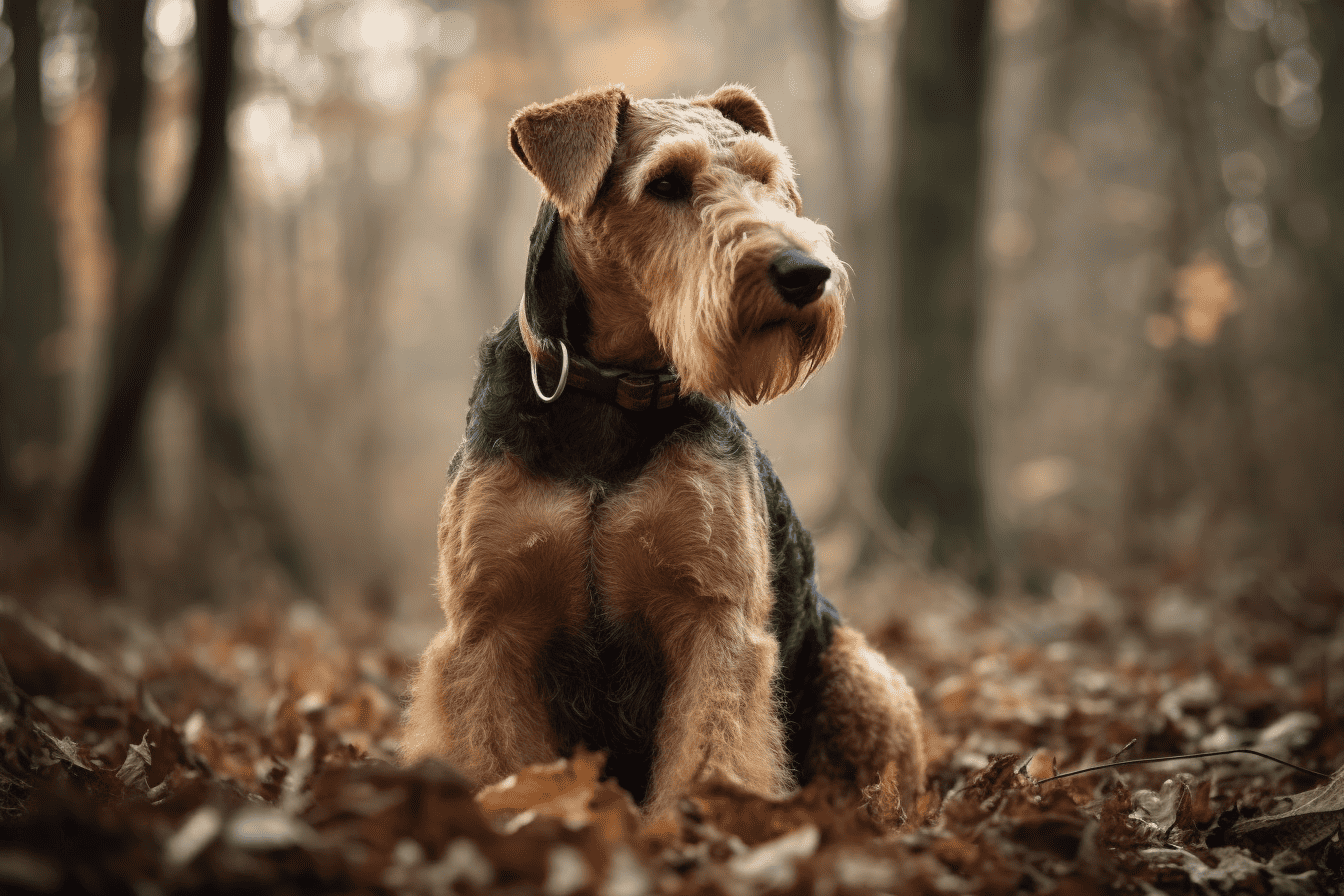 Airedale Terrier dog sitting in a fall forest, showcasing its distinct wiry coat and attentive expression.