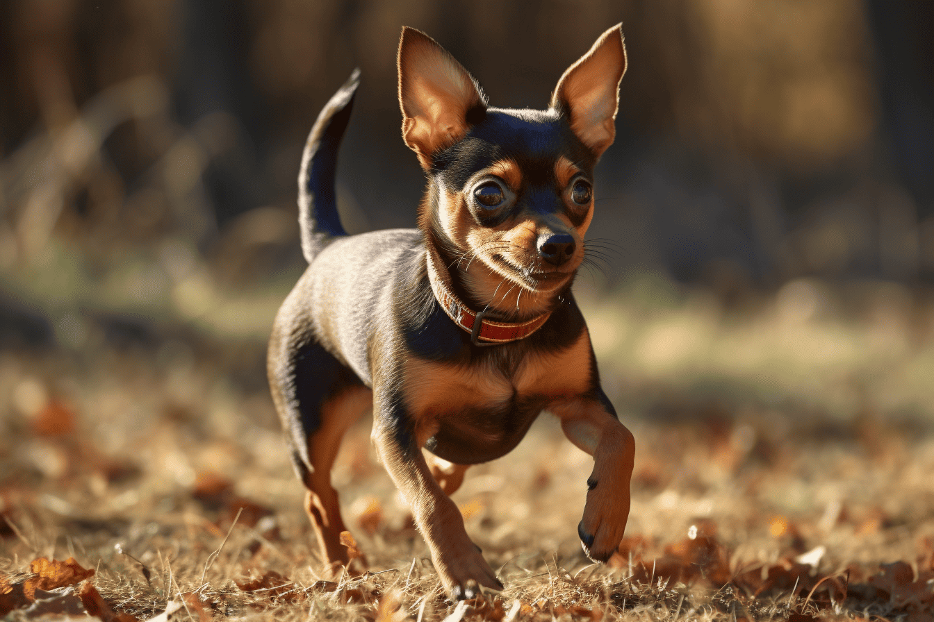 Adorable small dog, possibly a Chihuahua, running outdoors in a park during fall with leaves on the ground.