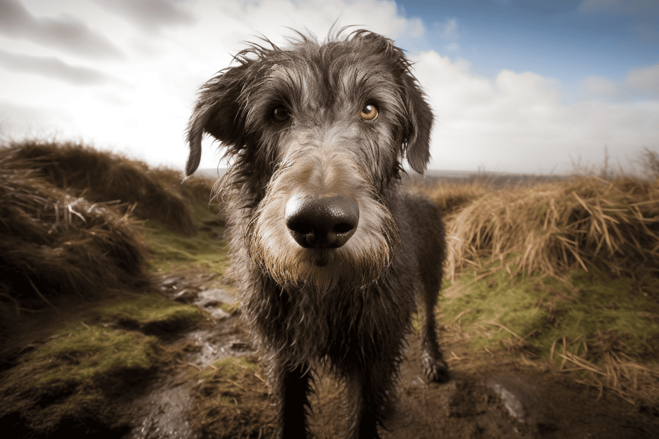 High-quality image of a Wet Savvy Irish Wolfhound dog in outdoor natural environment.