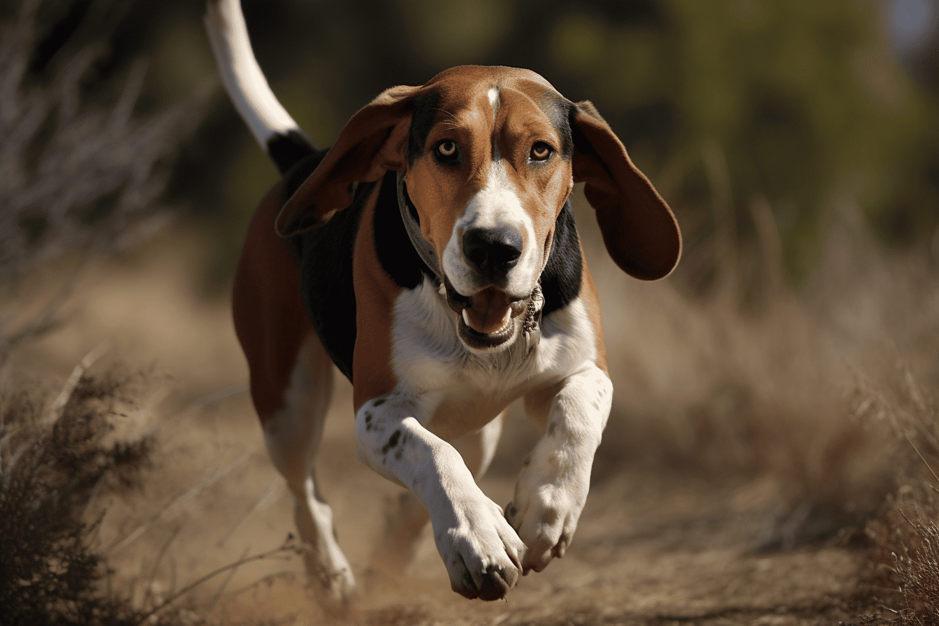 An energetic beagle dog sprinting through a natural outdoor landscape with a lively spirit.
