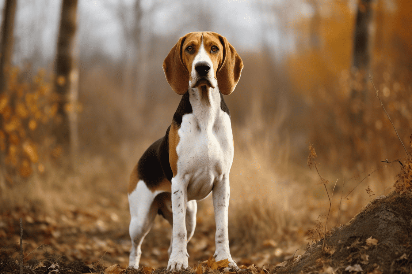 Dog in a forest during fall with autumn foliage background.
