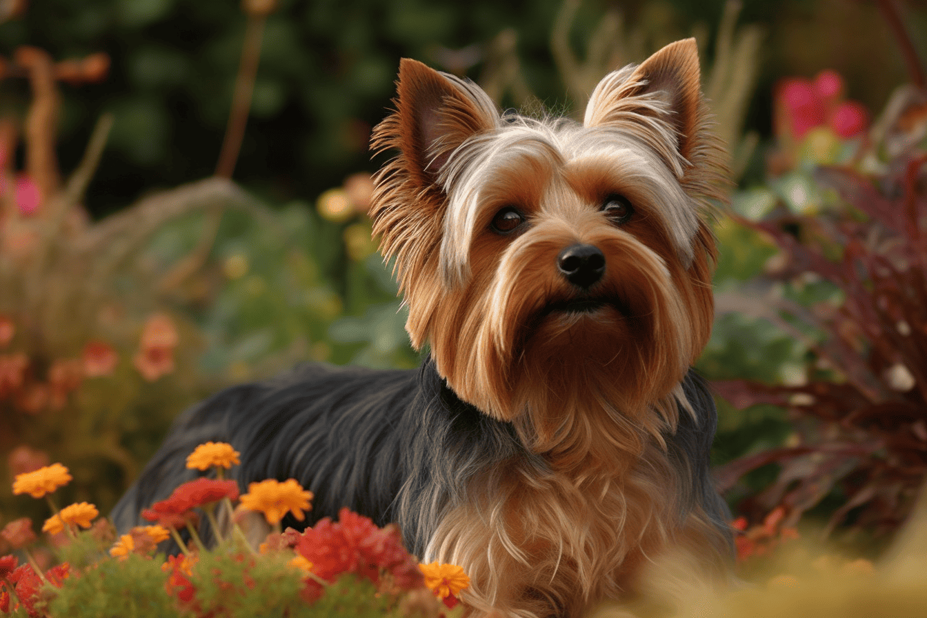 Yorkie dog outdoors with flowers, community care, and pet-friendly environment.