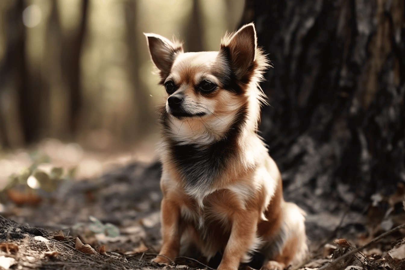 Adorable Chihuahua dog in nature, sitting by a tree trunk, showcasing a friendly and attentive expression.