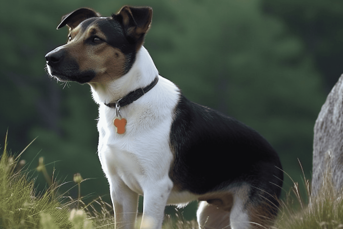 Dog looking alert outdoors.