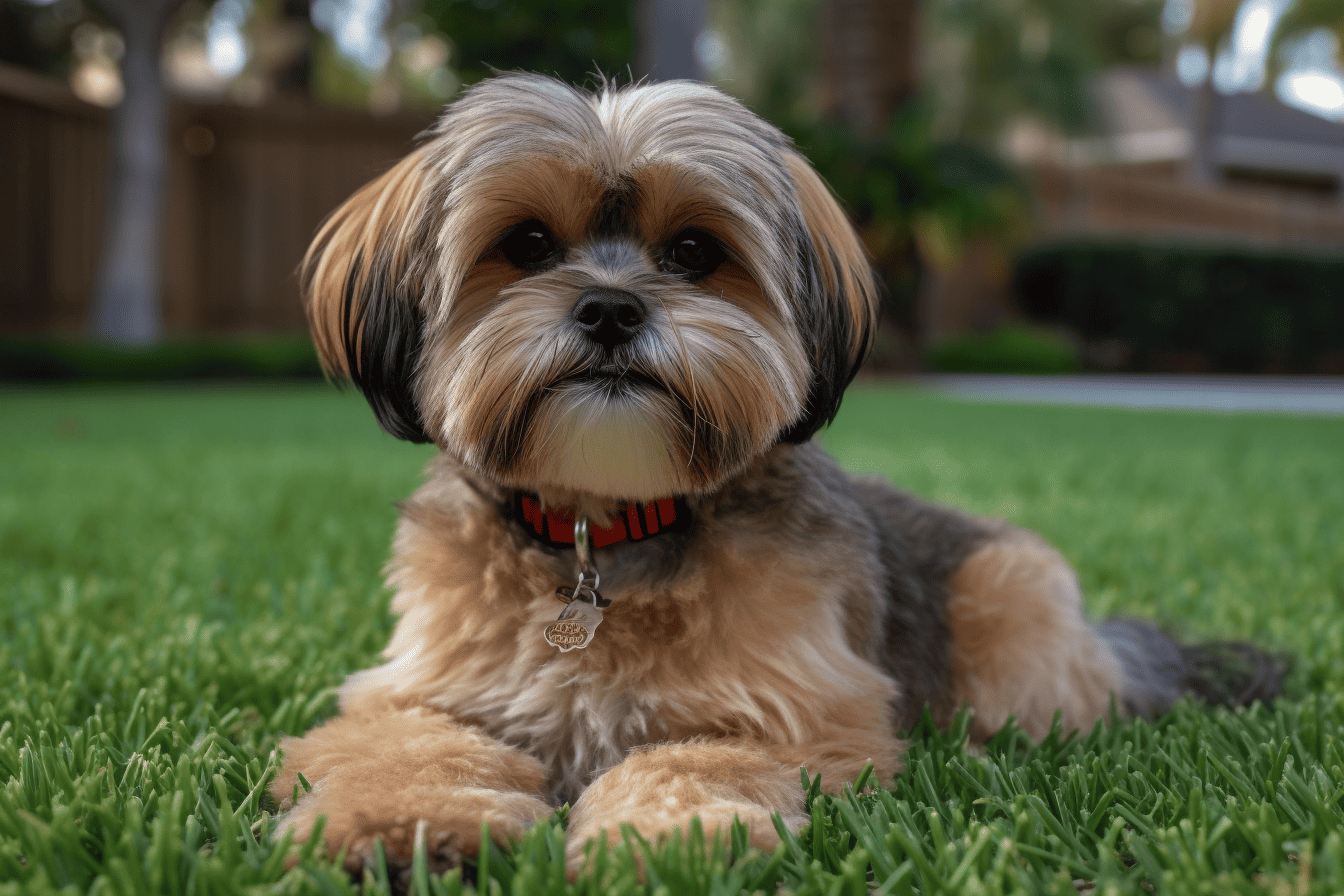 Adorable Yorkshire Terrier puppy lying on lush green grass in backyard setting.
