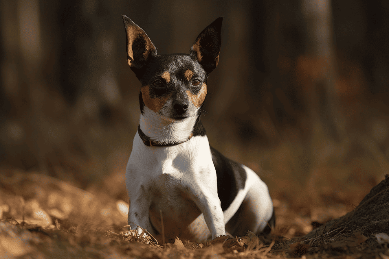 Adorable small dog with pointed ears, sitting in a natural wooded environment, looking alert.