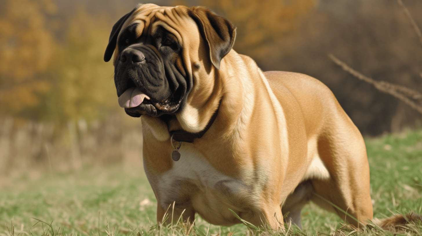 Cute Mastiff dog sitting outdoors in a grassy area, showcasing a friendly and protective breed.
