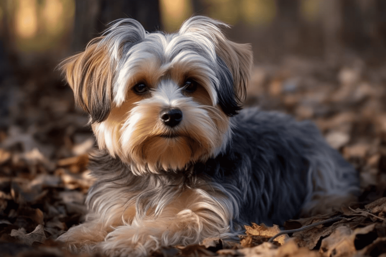 Cute Yorkshire Terrier dog lying on fallen autumn leaves.